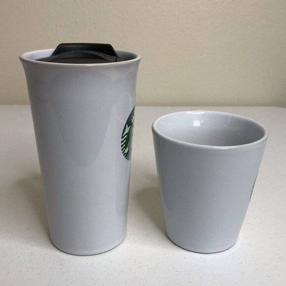 Starbucks Pair Mermaid Siren Logo Ceramic Coffee Cups 12 Oz Lid Travel 11 Oz Mug - Picture 3 of 11